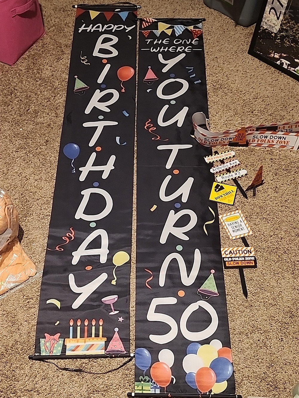 50th Birthday Vertical Banner Set - Black w/ Multicolor Balloons and Few Signs